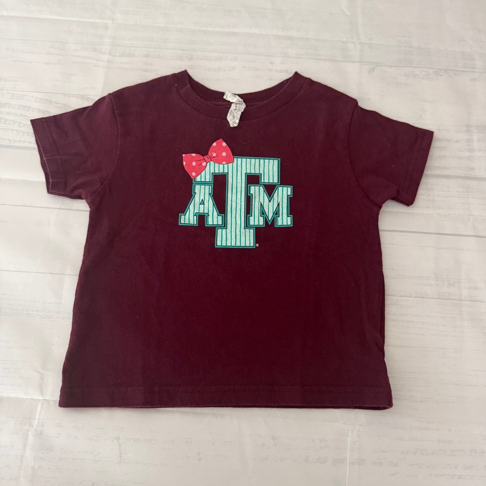 Texas A&M Aggies Girls Maroon T-Shirt Size 4 ATM Logo Pink Bow Fan Gear